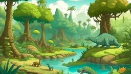 Cartoon illustration for children: Cenozoic jurassic swamp, millions of years ago, with towering prehistoric trees and strange lloking gigantic plants