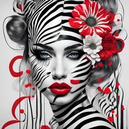 A surreal creation of a portrait of a particularly beautiful and attractive woman whose face is made of black and white lines like a zebra, beautiful and big red lips, touches of decorations and red flowers, a work of art, an art with a vision