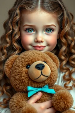 hiper realistic 4-5 year old cute beauty girl With beach wavy dimensional melange hair. With deep real smiling green eyes and brow long hair. Holding a big brown bear-toy. Near her to stay very cutte puppy