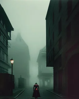 Dark street creepy fog colours strong texture nightmare 8k artistic Photography volumetric light, Yves Tanguy Max Ernst