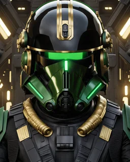 star wars bald male corellian pilot wearing black and bright gasoline green First Order special forces TIE pilot commando armored flightsuit and helmet with gold trim inside the jedi temple, centered head and shoulders portrait, hyperdetailed, dynamic lighting, hyperdetailed background, 8k resolution, volumetric lighting, light skin, fully symmetric details