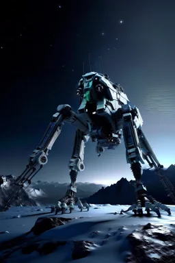 I want an image of a eight legged mechanical walker mech scaling the side of mout everest at night, it has a smooth surface