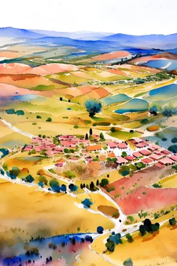 colourful aerial view of Raino Spain landscape in watercolor in oil on canvas