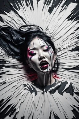 paper portrait of Goth Asian woman, lying pose, face distorted with pain, reverse colors, screaming, tears streaming from eyes, glitchcore, horror, ultra realist texture,