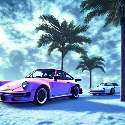 1980's aesthetic vaporwave palm trees with porsche in the winter snow with lightning