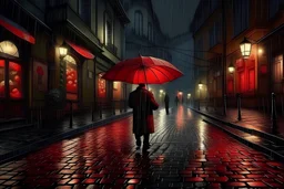 a man under a red umbrella, it's raining hard, it's night, lights from shops and a nearby hotel, cobblestone floor, city square, 16K, realistic photography