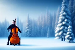 cello player in winter landscape with chupka