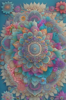 psychedelic mandala made out of flowers, feathers, ultra detailed, photorealistic, vivid colours, intricate details, in the style of Elspeth McLean, 32k