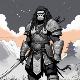 [comics Head Lopper style by Andrew MacLean] a gorilla female with dreadlocks, clad in intricate samurai armor, stood poised on high guard, her keen eyes scanning the horizon for any sign of danger. In her powerful grip, she wielded a gleaming katana, its blade reflecting the light with a deadly glint.