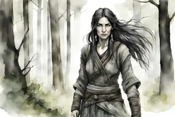 ink wash and watercolor illustration of an ancient grizzled, gnarled female vagabond wanderer, long, black hair streaked with grey, highly detailed facial features, sharp cheekbones. Her eyes are black. She wears weathered roughspun Celtic clothes, emaciated and tall, with pale skin, full body , thigh high leather boots within a forest of massive ancient oak trees in the comic book style of Bill Sienkiewicz and Jean Giraud Moebius , dramatic natural lighting, rich, vibrant earth tone colors