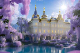 a magical crystal flower magnolias wisteria blue gold house russian palace castle in the woods, magnolias pink,blue lake,sun,white swanns,pink vertical, blue lake,sharp, vines, candlelit, endor, ornate, elegant, highly detailed, artstation, concept art, smooth, sharp focus, illustration, 8k, splash art, wallpaper, key visual