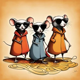 Three blind mice, dark sunglasses, dramatic, warm colors, dynamic diagonal composition, by Joel Pett and Ben Goossens, color ink illustration, concept art, warm colors, opulent shadows, by Colin McCahon