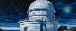 A white observatory with a telescope in the sky painted by Alan Sorrell