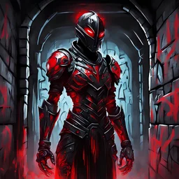 Living Armor glowing ebony black and red, in graffiti art style, background dungeon