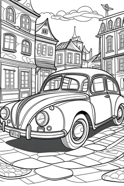 coloring page, car fusca alternative parked on the street, cartoon style, thick lines, few details, no shadows, no colors
