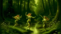 Nymphs Dancing in a stream, in a woodland clearing