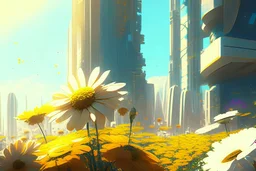 sunny day, flowers, epic, sci-fi, modern contemporary city