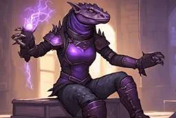 a cute, black and purple, female argonian artificer who uses Tesla coils, skinny, wearing little armor, in her lab