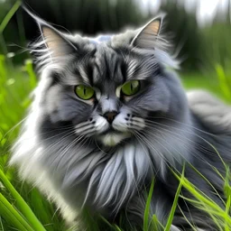 un gato gris con blanco hembra muy peluda en el pasto