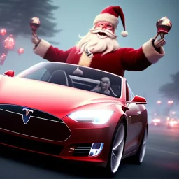 Santa claus driving his red Tesla convertible car, character design by cory loftis, fenghua zhong, ryohei hase, ismail inceoglu and ruan jia. unreal engine 5, artistic lighting, highly detailed, photorealistic, fantasy