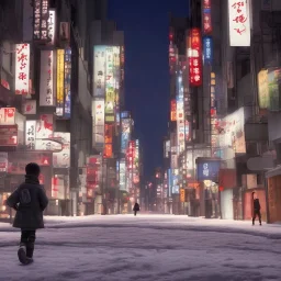 behind photo A young boy walking streets in tokyo, night, snow, post apocalyptic, destruct