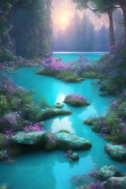 lac turquoise, rocher avec mousse, fleurs, etoile filante, cristaux, vray