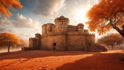 Hyper Realistic Photographic Wide-angle-Outside View Of A Huge-Detailed-Crafted-Rajasthani-Fort In An Autumn Season with dried Orange Leaves on the land & thick autumn trees with cloudy-sunrays behind the fort showing dramatic & cinematic ambiance.