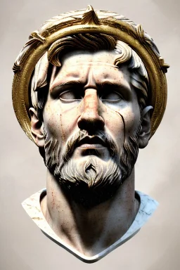 Ultra Realistic image, Roman sculpture, white marble material, Lionel Messi, gold Laurel leaves wreath, renaissance ornaments, radial gold lines, one gold star in heart, radial composition, geometric ornaments, blue marble background, chisel style, waist up portrait, emperor style, epic, celestial, cinematic lighting, God light, god rays, 4k resolution, smooth details, ornate details, soft lighting, unreal engine 5, art station, substance 3d.