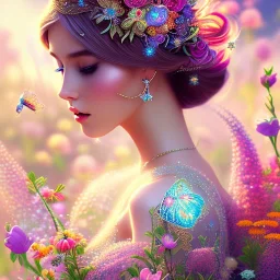 bright fairy, beautiful portrait, flowery landscape, cosmic atmosphere, perfect composition, 8k, super detailed, delicate flowers, complemfentary colours, intricate details