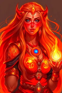 Female eladrin druid with fire abilities. Fire textured long golden hair. Tanned skin. Big red eyes with touch of fire .