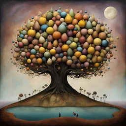 Colorful swirly marble forest by Andy Kehoe, mindbending absurdity of fruits being the mistake of truth, by Joel Peter Witkin, by Yves Tanguy, surreal color photography, photorealism.