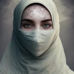 clouds of fog as muslim woman's face, dissolving, disintegrating, wearing hijab, fine detail, highly intricate, modern surrealism painting, high-quality, volumetric lighting, 8k, ultrahd, George Grie, Marco Escobedo, Igor Morski,Brian Froud, Howard Lyon, Selina French,