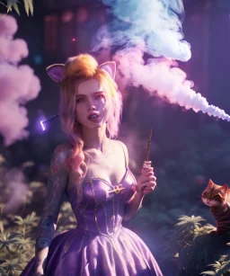 Ultra realistic wonderland photo, happy blonde woman smoking a shisha, blue dress, purple-cat friend, circus dress style, old school tattoo, smoke, marijuana garden, glow eyes, perfect iris, soft color, highly detailed, unreal engine 5, cinematic, ultra detail, volumetric lighting, high definition.