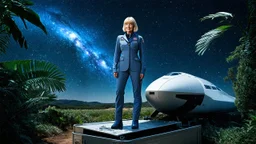 A full-body photorealistic image of an adventurous older woman from the future, dressed in a tailored, full-body spacesuit, stands proudly beside her streamlined spaceship, standing on a metal box. Her short, untidy, blond hair has bangs. Standing in a jungle clearing. The scene is framed by a cosmic expanse of stars and nebulas.