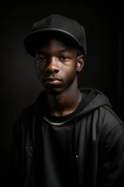 portrait of a tall 15 year old boy, full lips, cool hair, wearing a cap and baggy pants, black skin