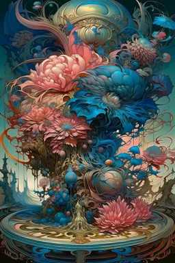 Fantastic big exotic flowers, watercolor ink, intricate, magical, in the style of James Jean, Brian Froud, Yana Movchan, Zdzisław Beksinski, Hieronymus Bosch, hyperdetailed, sharp focus, intricate, concept art, digital painting, ambient lighting, 16 k, trending on artstation, hyper quality, highly detailed, fantasy, beautiful, colourful.