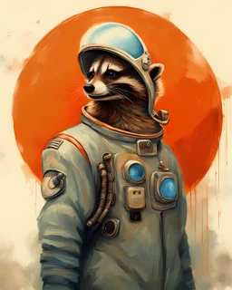 retro, brave raccoon wearing astronaut uniform, holding his astronaut Helmut, oil painting