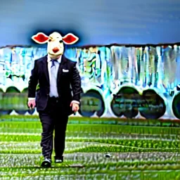 A cow wearing a suit and tie