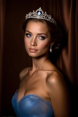 dark brown wood panel background with an overhead spotlight effect, 18-year-old Princess, Elsa Jones, Blue eyes, head and shoulders portrait, wearing a blue, lacy Prom dress with a tiara, full color -- Absolute Reality v6, Absolute reality, Realism Engine XL - v1