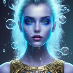 slightly smiling blonde pretty yoga artist,joker makeup, wet hair with blue sparks, soap bubbles, labyrinth background , levitated lab equipment, 4k, Highly Detailed, Masterpiece, perfect eyes, Digital Illustration, Cinematic Lighting, Realistic, Sharp Focus, Centered, Beautifully Lit, Bioluminescent by Stanley Artgerm Lau