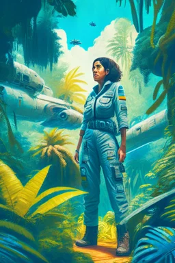 woman wearing a boiler suit, standing next to a spaceship, in a jungle clearing, with a blue sky