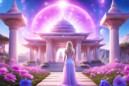 bellissima ragazza del futuro in primo piano con dietro un tempio magico di un altro pianeta con tetto aperto in stile ferico con natura e fiori rosa e azzurri e cristalli e gemme in giardino con due colonne di luce e cielo aperto luminoso.