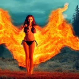 woman made of fire, fire angel, full body portrait, long flowing hair, only wearing bikini made of fire, highly detailed, real life photo, photo quality, extremely detailed, high quality, standing in fire, highly detailed, lots of fire around, fire background