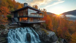 A modern glass and steel house built over a waterfall in the Appalachian Mountains during autumn, with colorful foliage, a light mist, and the sun setting.
