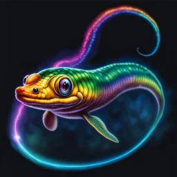 fantasy 90's tcg art of a rainbow eel with glowing eyes