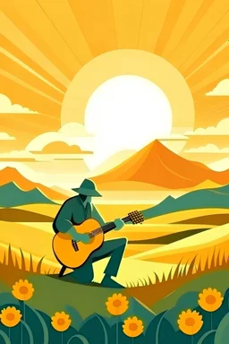 campos con captus, mèdanos, montañas y sol , hombre con guitarra, estilo animado