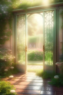 An open door to a beautiful summer garden, ,complex, amazing, magical gentle, sparkling dew drops, dawn, magically, in pastel transparent tones, hyperrealistic, beautiful, lumen, professional photo, 3d, 64k, high resolution, hyperdetalization, hyperrealism, f16,1/300s, highly detailed digital painting, bright, juicy, photorealistic painting, solar illumination in the background, bright lighting, aesthetically pleasing, beautiful, clarity of contours