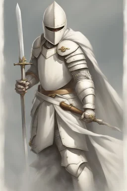 Knight wearing white armor and white cape with white helmet, holding sword and a shield