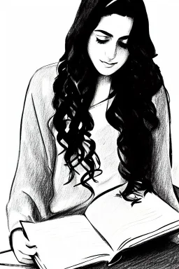 Pencil sketch of Young woman, Arab features,sad, long wavy hair, reading a book, full body، on lined paper