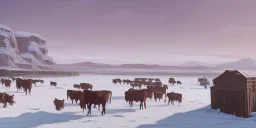 Cattle farm in a bleak vast empty cold land by a cold seaside